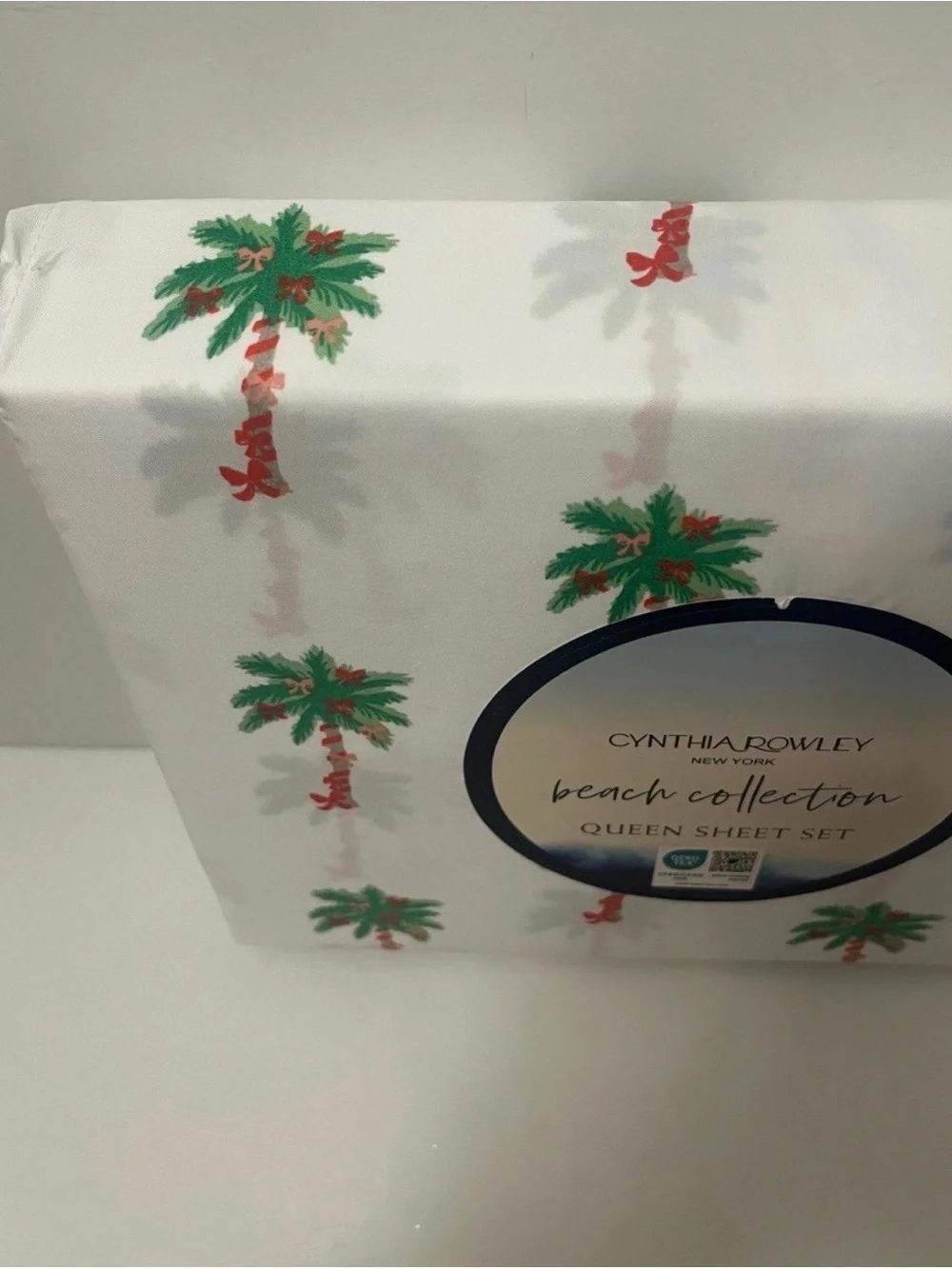 Cynthia Rowley Beach Collection Queen Size Sheet Set Bows on Palm Trees